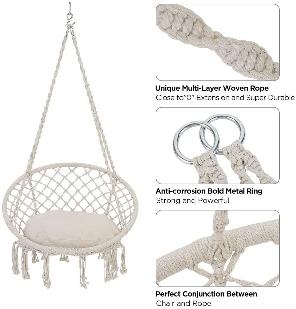 Garden Mesh Hanging Rope Swing Chair with Cushion and Hardware Kits macrame string  macrame swing chair