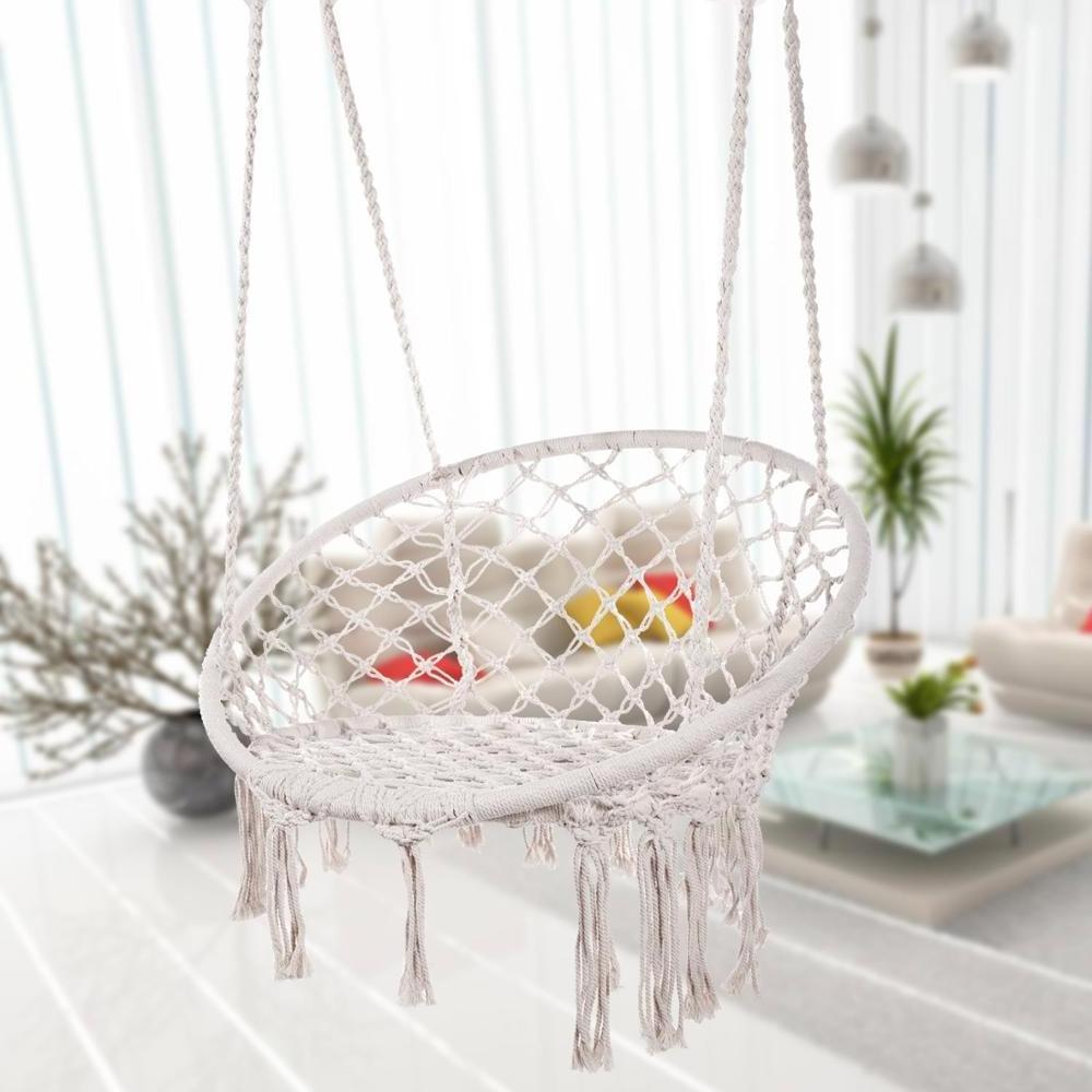 Hammock Chair Macrame Swing, Knitted Hanging Cotton Rope Swing Chair for Indoor/Outdoor Home Patio Deck Yard Garden Reading