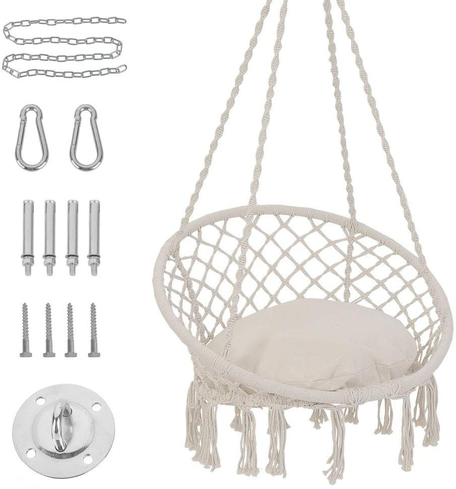 Garden Mesh Hanging Rope Swing Chair with Cushion and Hardware Kits macrame string  macrame swing chair