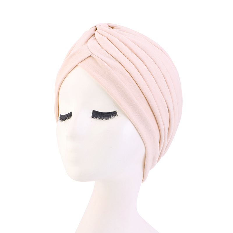 High Quality Women Pleated Solid Color Sleep Indian Cap Cross Twist Ethnic Costume Cotton Twisty  Knot Turban Hat