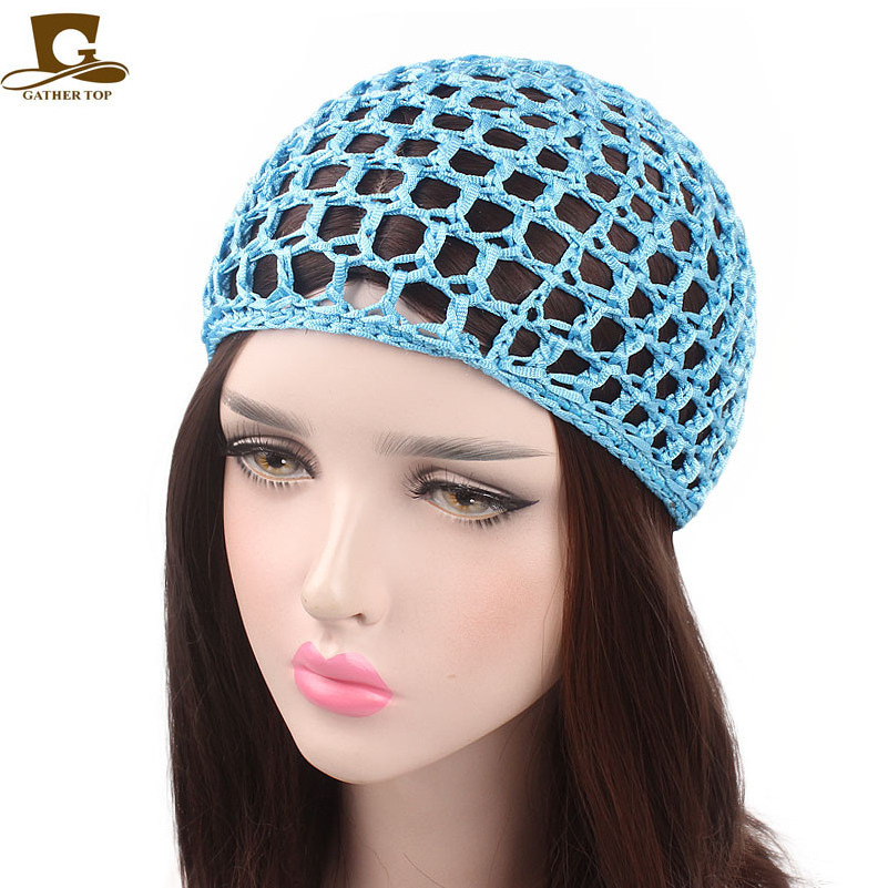 Wholesale Multi Color Sleeping Hair Net Hat Bun Cover Women Crochet Snood Hat Polyester Hair Net