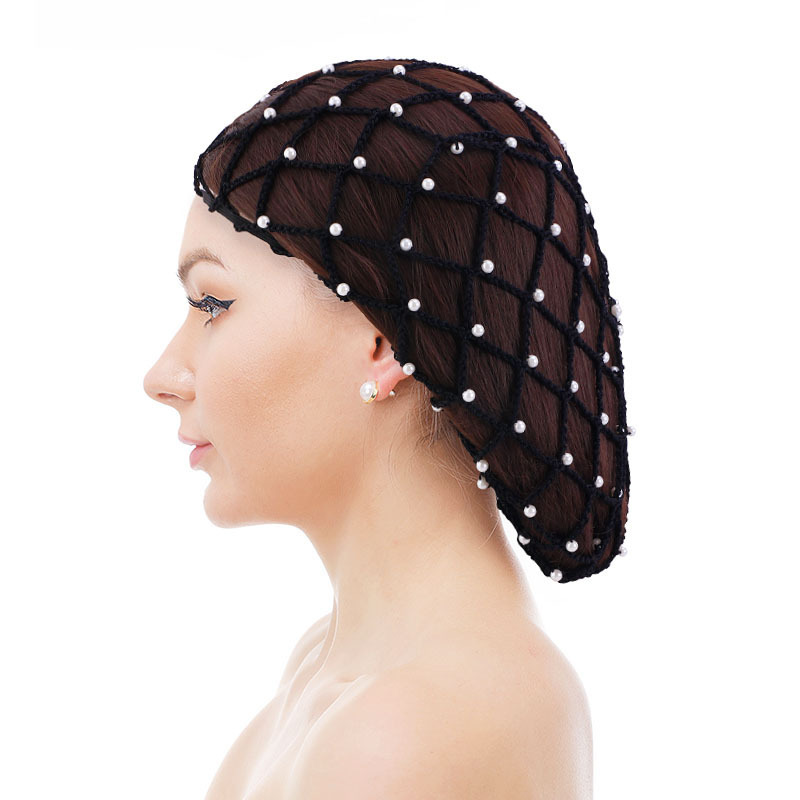 New Style Wholesale Adult Black Beaded Crochet Mesh Cap Knitted Hair Net Snood For Women