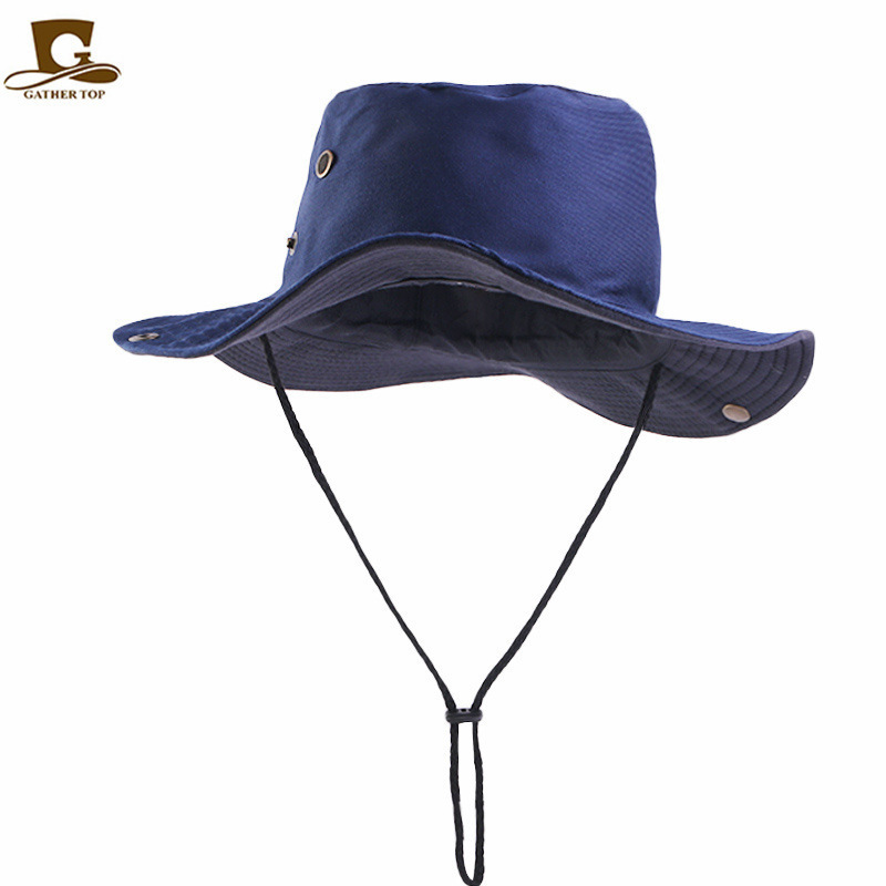 Custom Logo Plain Cotton Sunshade String Fisherman Hat Men Block Hat Outdoor Fishing Wide Brim Bucket Hat with Rope