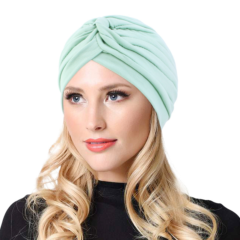 High Quality Women Pleated Solid Color Sleep Indian Cap Cross Twist Ethnic Costume Cotton Twisty  Knot Turban Hat