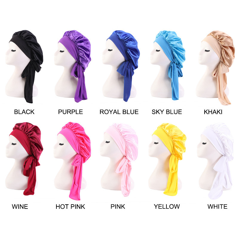 Wholesale Hair Accessories Custom Logo Hot Large Sleep Hat Styling Cap Solid Satin Bonnets With Tie Designer Bonnet For Women