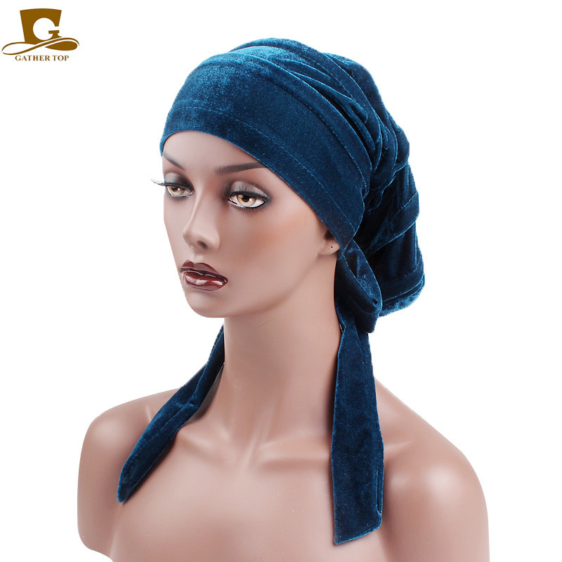 Velvet Pleated Turban Dreadlock Sleeping Cap Hat Hair Loss Women Headwrap Slouch Caps Hair Dreadlock Baggy Hat TJM-320F