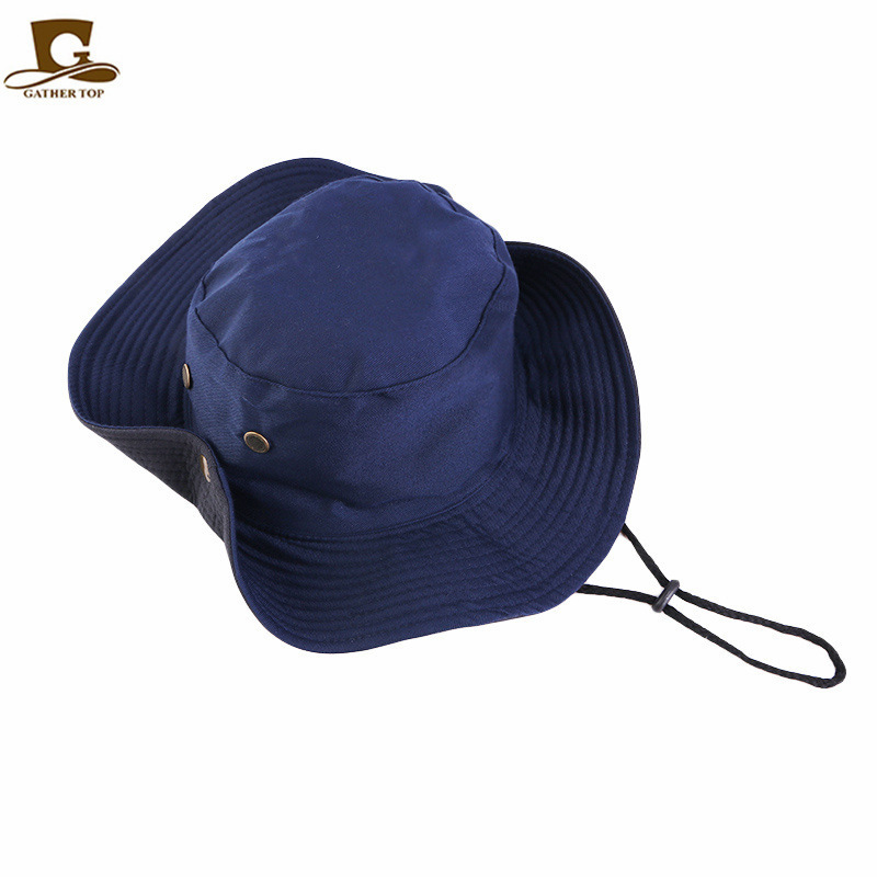 Custom Logo Plain Cotton Sunshade String Fisherman Hat Men Block Hat Outdoor Fishing Wide Brim Bucket Hat with Rope