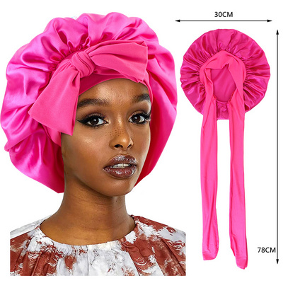 Wholesale Hair Accessories Custom Logo Hot Large Sleep Hat Styling Cap Solid Satin Bonnets With Tie Designer Bonnet For Women