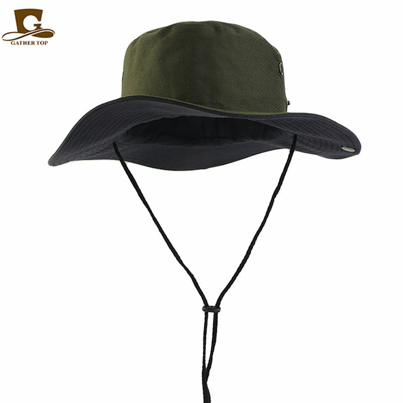 Custom Logo Plain Cotton Sunshade String Fisherman Hat Men Block Hat Outdoor Fishing Wide Brim Bucket Hat with Rope