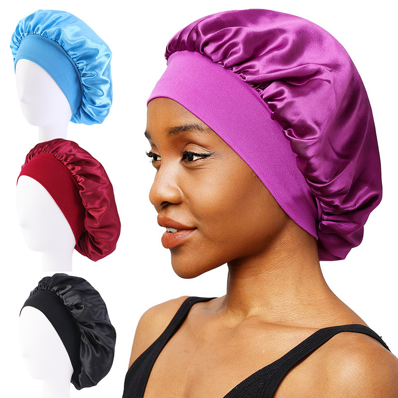 Fashion Solid Color Wide Band Hair satin Bonnet Silky Women Pink Design Bonnet In Bulk