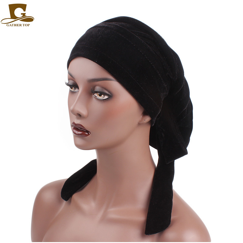 Velvet Pleated Turban Dreadlock Sleeping Cap Hat Hair Loss Women Headwrap Slouch Caps Hair Dreadlock Baggy Hat TJM-320F