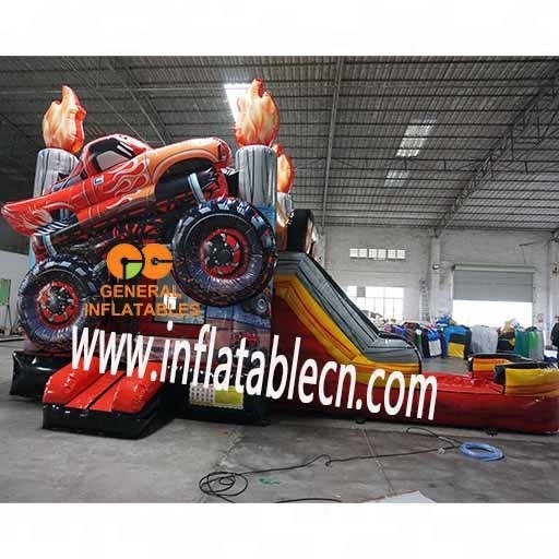 Inflatable Flame Monster Truck Wet/Dry Combo Water Slide For Sale