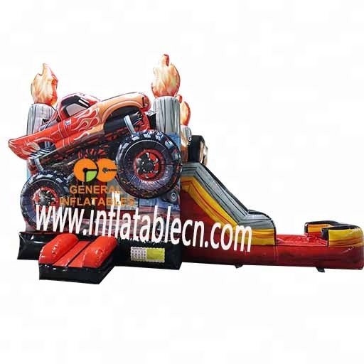 Inflatable Flame Monster Truck Wet/Dry Combo Water Slide For Sale