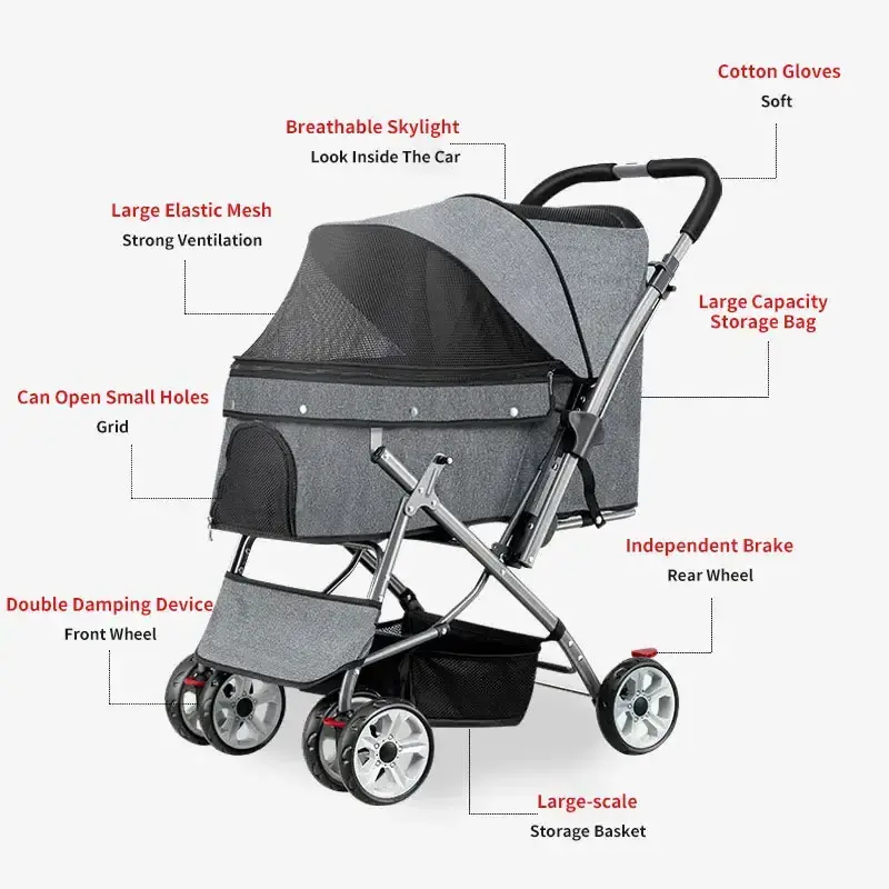 Luxury Travel Dog Carrier Portable Pet Walking Jogger Dog Cart Stroller 4 Wheels Foldable Pet Carrier Trolley