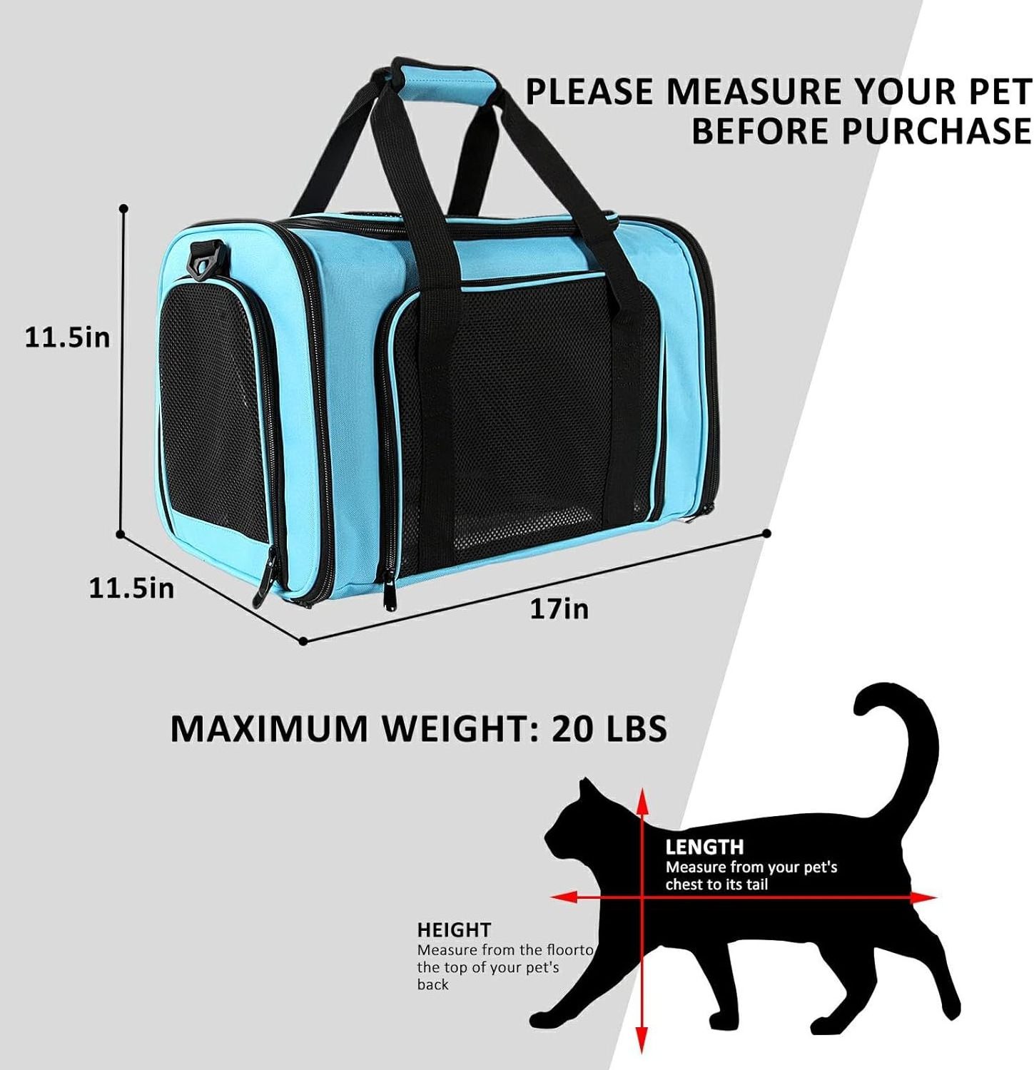 Cat Dog Carrier for Small Medium Cats Puppies up to 20 Lbs, Airline Approved Carrier Soft Sided, Collapsible