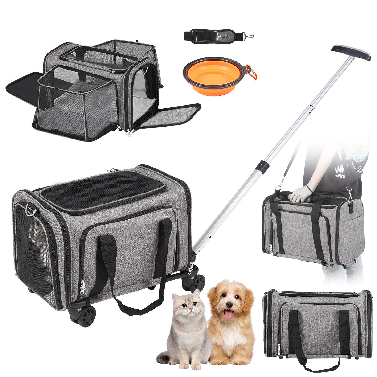 Travel Tote Luggage Soft Sided Cat Dog Pet Carrier With Detachable Wheels For Small And Medium Dogs Cats