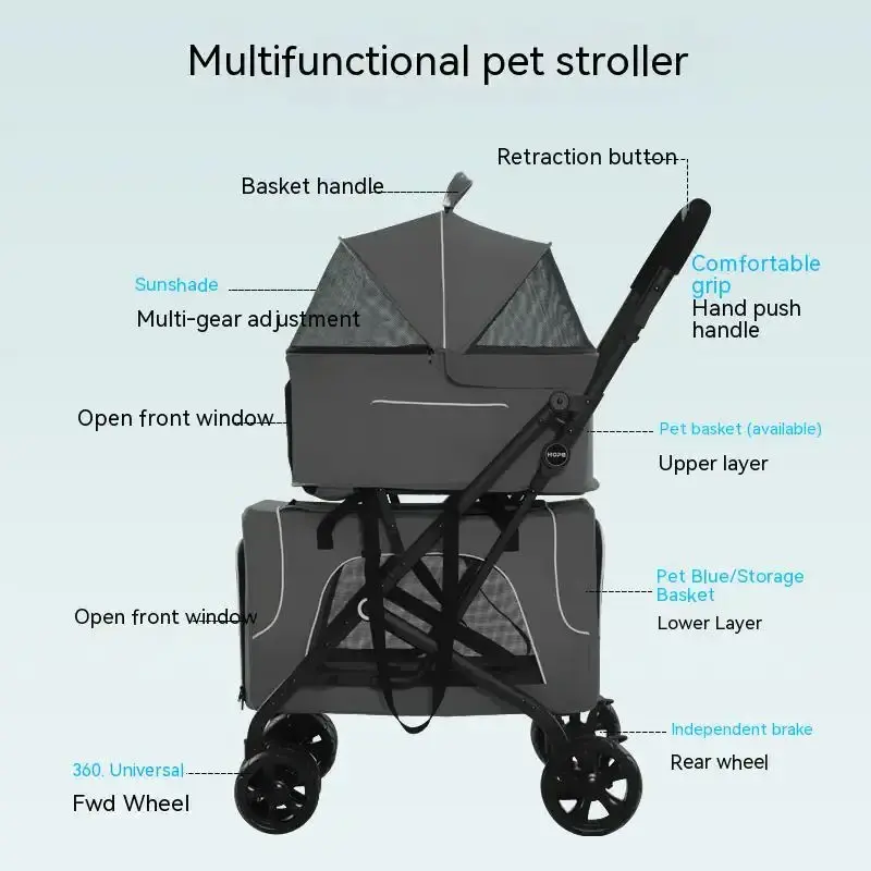 Foldable 3 in 1 Pet Stroller Double Layer Pet Carrier Bag Dog Stroller