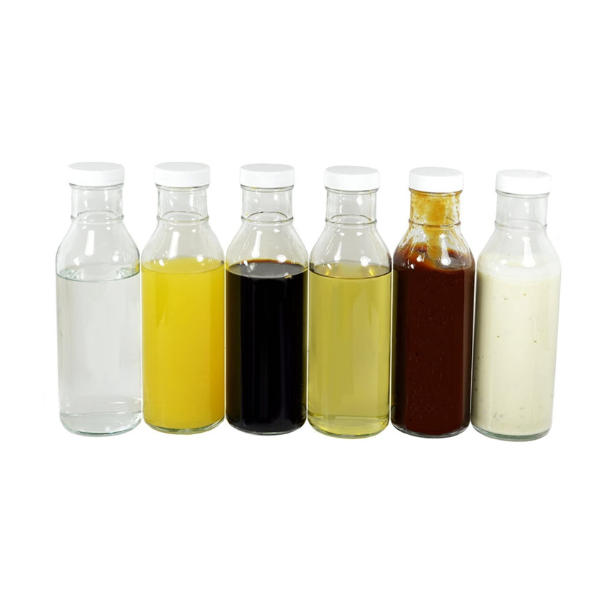 Clear Glass Beverage/Sauce Bottles, 12 Oz, White Caps