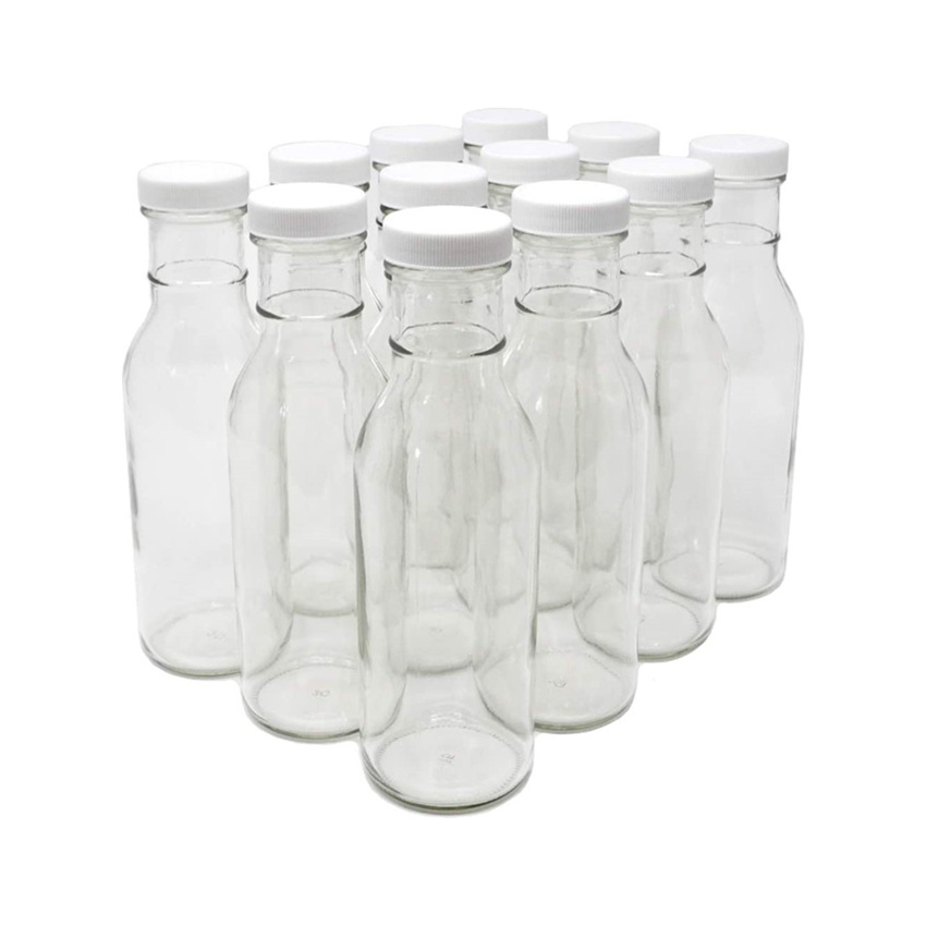 Clear Glass Beverage/Sauce Bottles, 12 Oz, White Caps