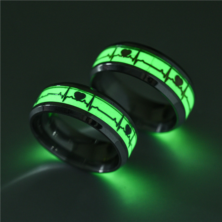 Stainless Steel Luminous Heartbeat Ring ECG Couple Ring Simple Fashion Fluorescent Couple Jewelry Ring For women and men