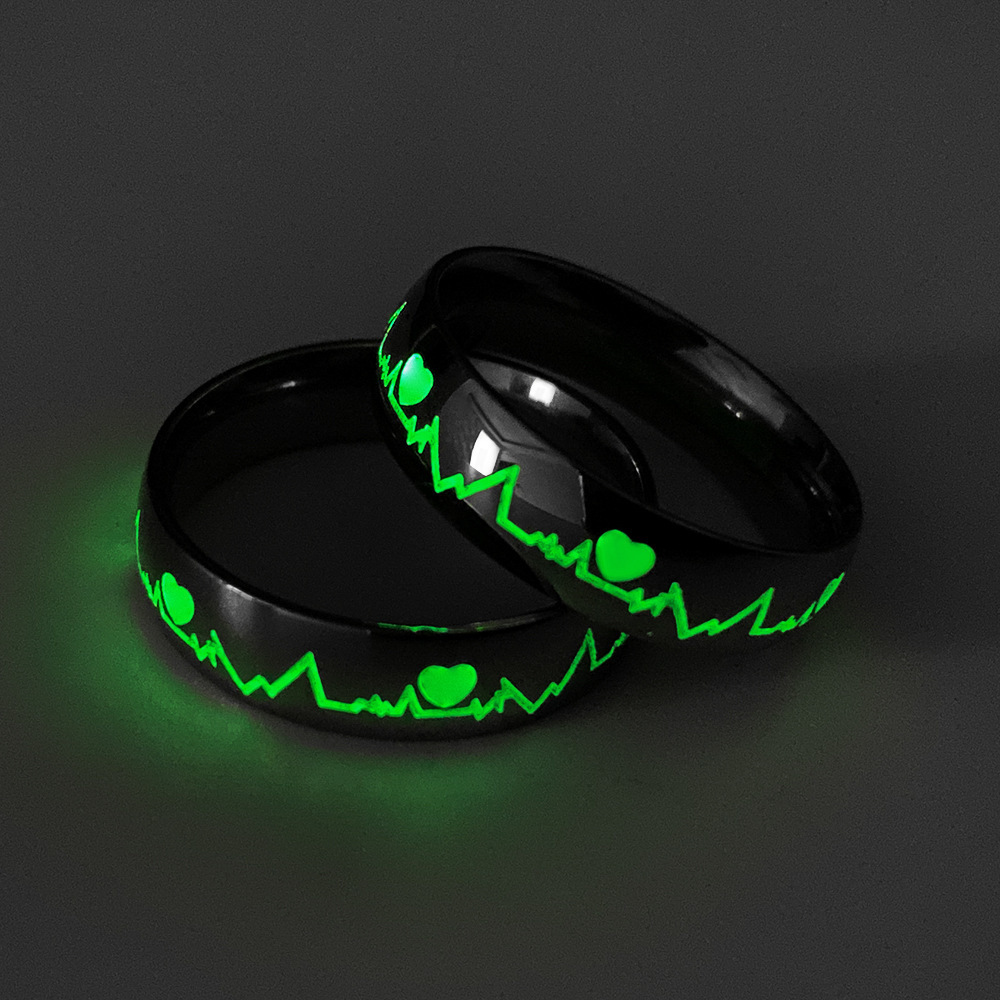 Stainless Steel Luminous Heartbeat Ring ECG Couple Ring Simple Fashion Fluorescent Couple Jewelry Ring For women and men