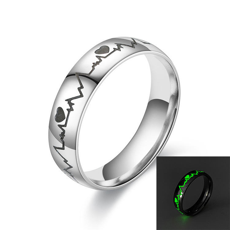 Stainless Steel Luminous Heartbeat Ring ECG Couple Ring Simple Fashion Fluorescent Couple Jewelry Ring For women and men