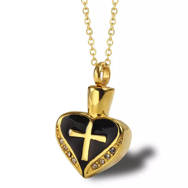 Stainless Steel Heart Drop Oil  Urn Cremation Urn Pendant Necklace Gold Plated Celtic Cross Locket Heart Zircon Urn Necklace