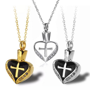 Stainless Steel Heart Drop Oil  Urn Cremation Urn Pendant Necklace Gold Plated Celtic Cross Locket Heart Zircon Urn Necklace