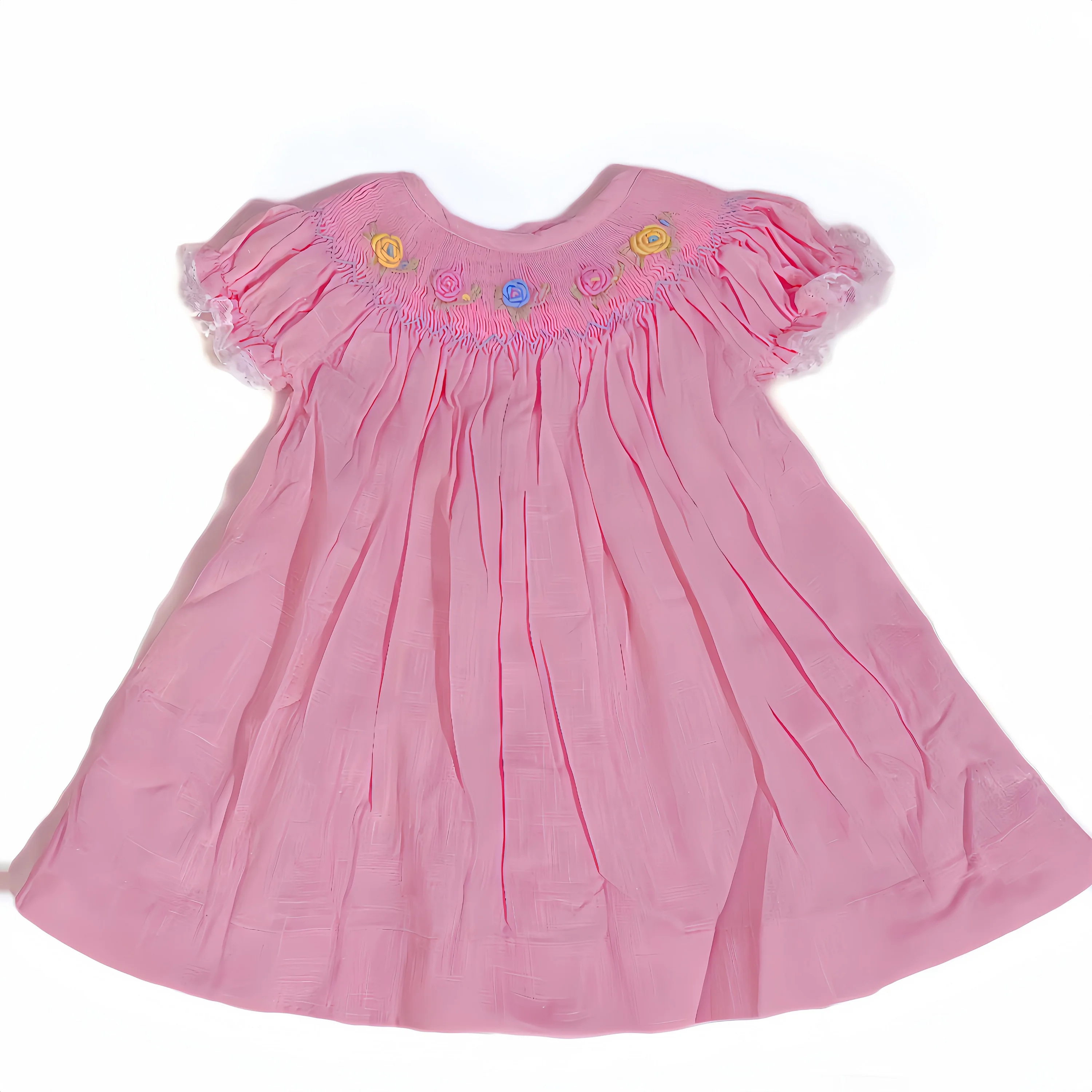 YIHUI Girl's Coral Pink and Blue Striped IceCream Dress Smocked Bishop Handmade Style Hand Smock