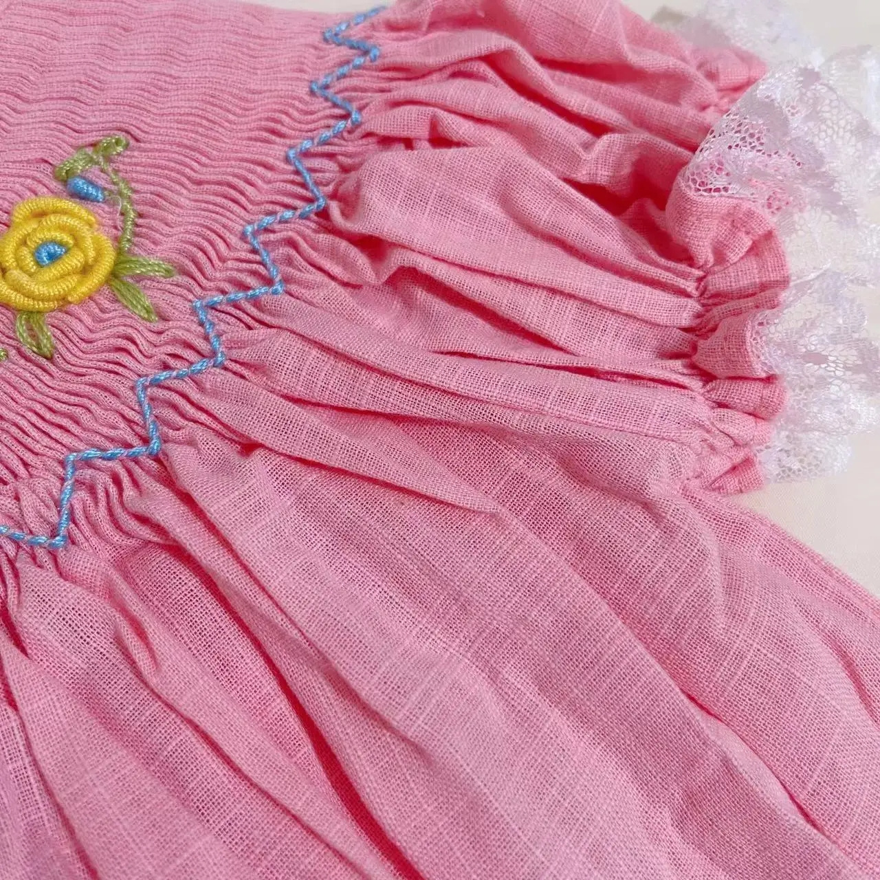 YIHUI Girl's Coral Pink and Blue Striped IceCream Dress Smocked Bishop Handmade Style Hand Smock