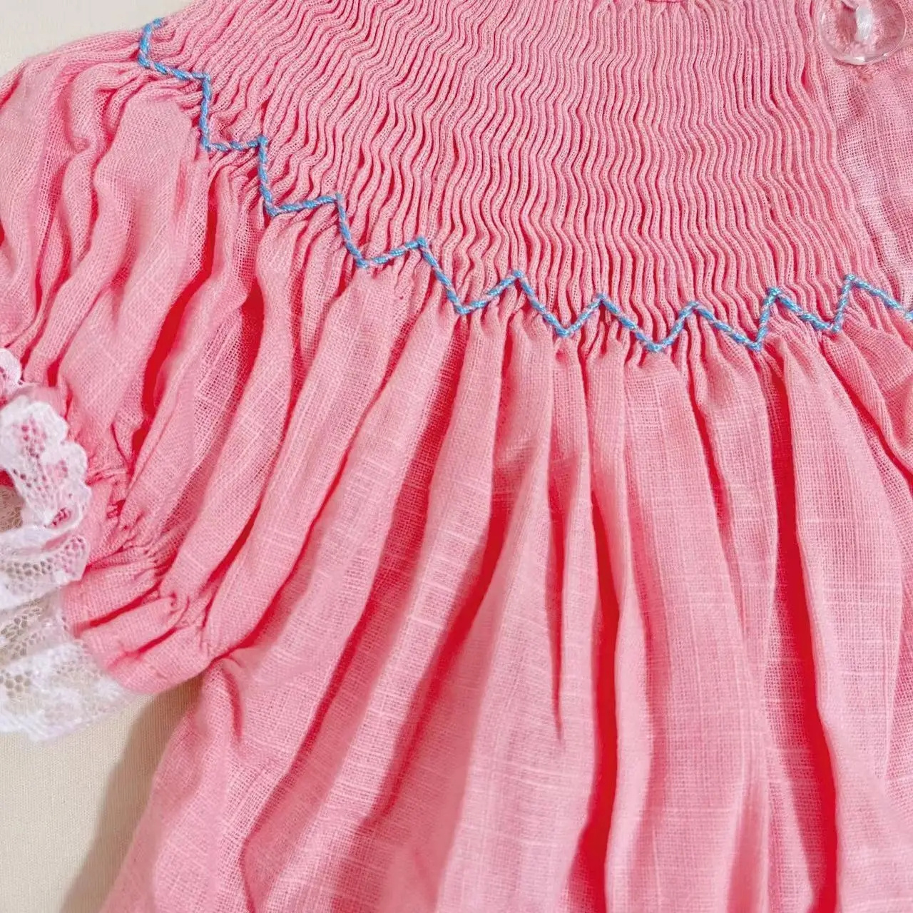 YIHUI Girl's Coral Pink and Blue Striped IceCream Dress Smocked Bishop Handmade Style Hand Smock