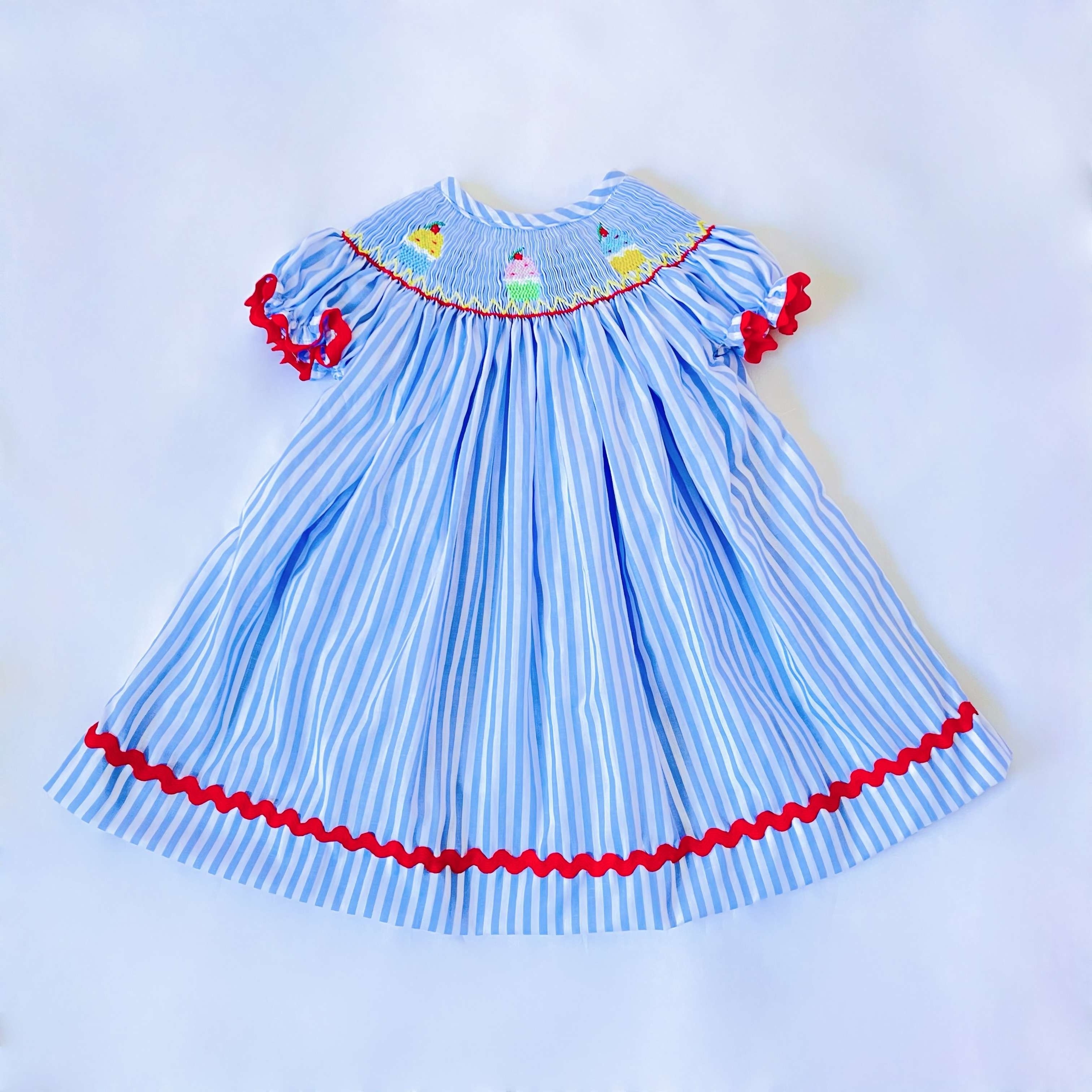 YIHUI Girl's Coral Pink and Blue Striped IceCream Dress Smocked Bishop Handmade Style Hand Smock