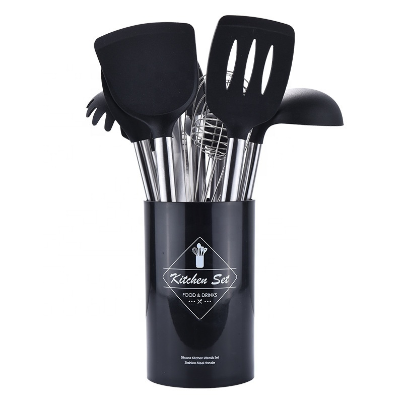 8pcs Silicone Cooking Kitchen Set, Stainless Steel Handles Cooking Tool BPA Free Non Toxic Silicone Turner Tongs Spatula