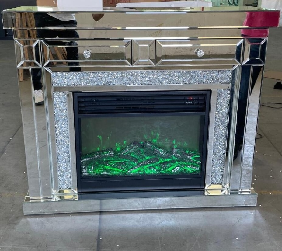 Modern mirror furniture LED mirrored fireplace tv cabinet with crushed diamond LED light