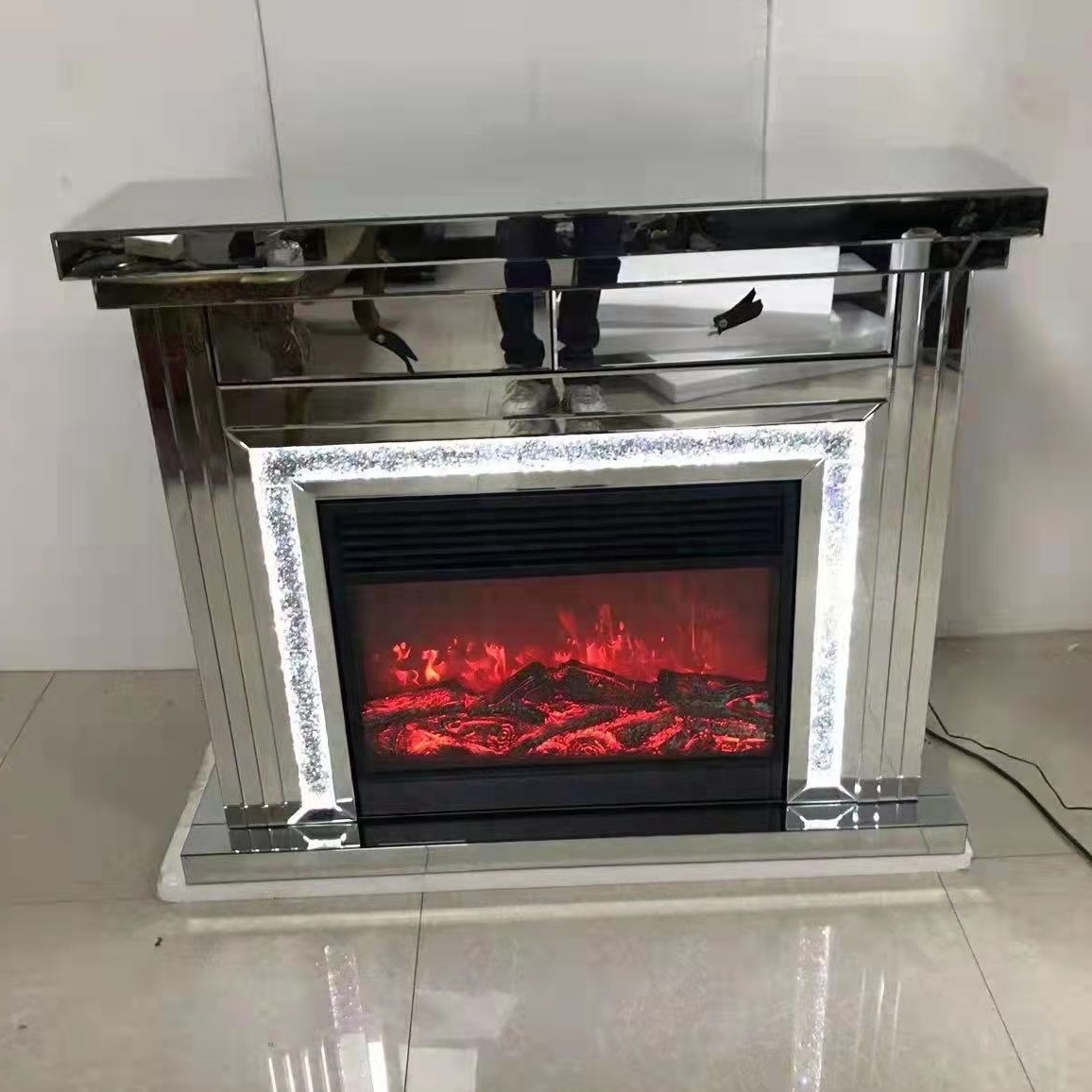 Modern mirror furniture LED mirrored fireplace tv cabinet with crushed diamond LED light