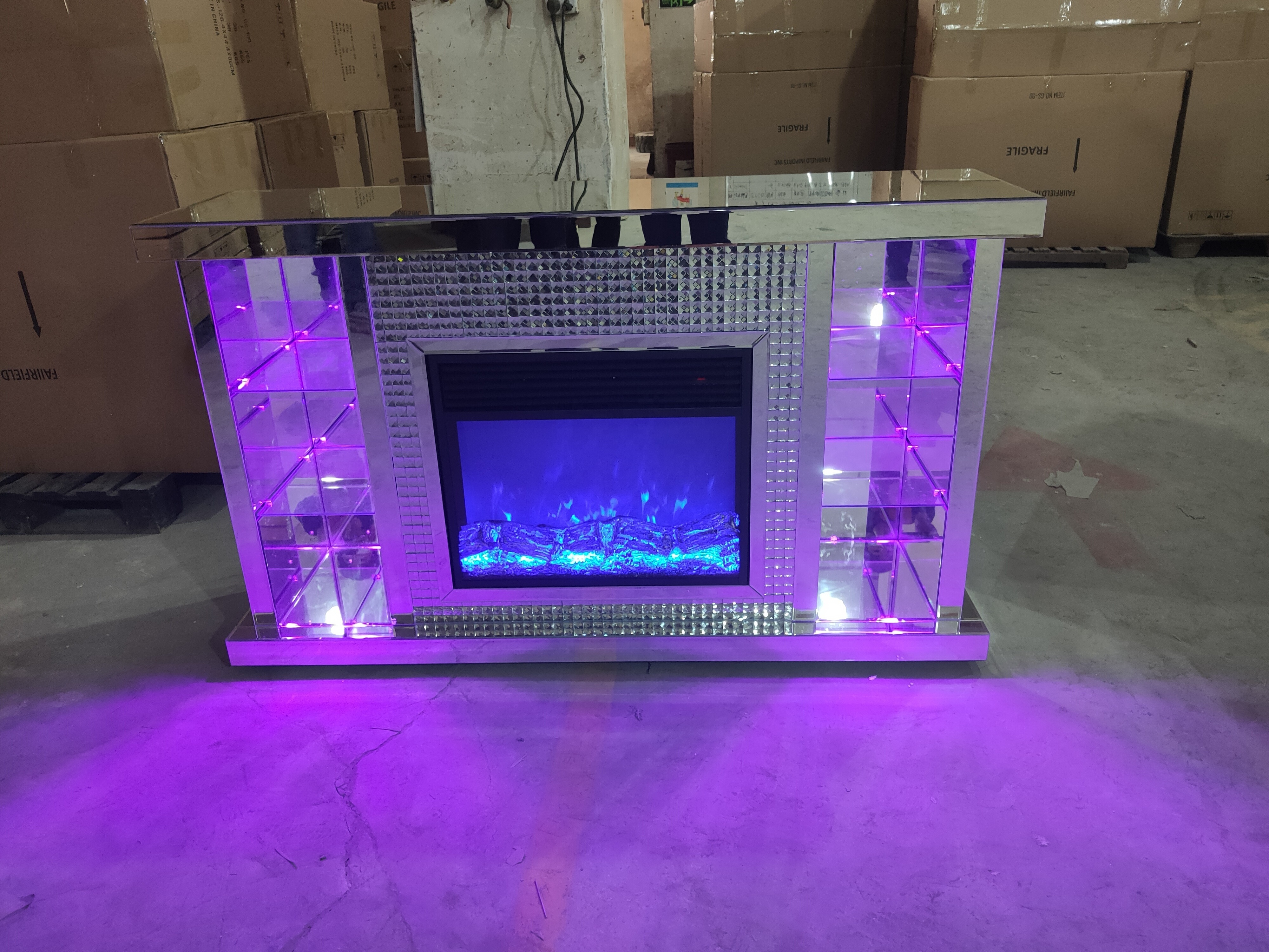 Modern mirror furniture LED mirrored fireplace tv cabinet with crushed diamond LED light