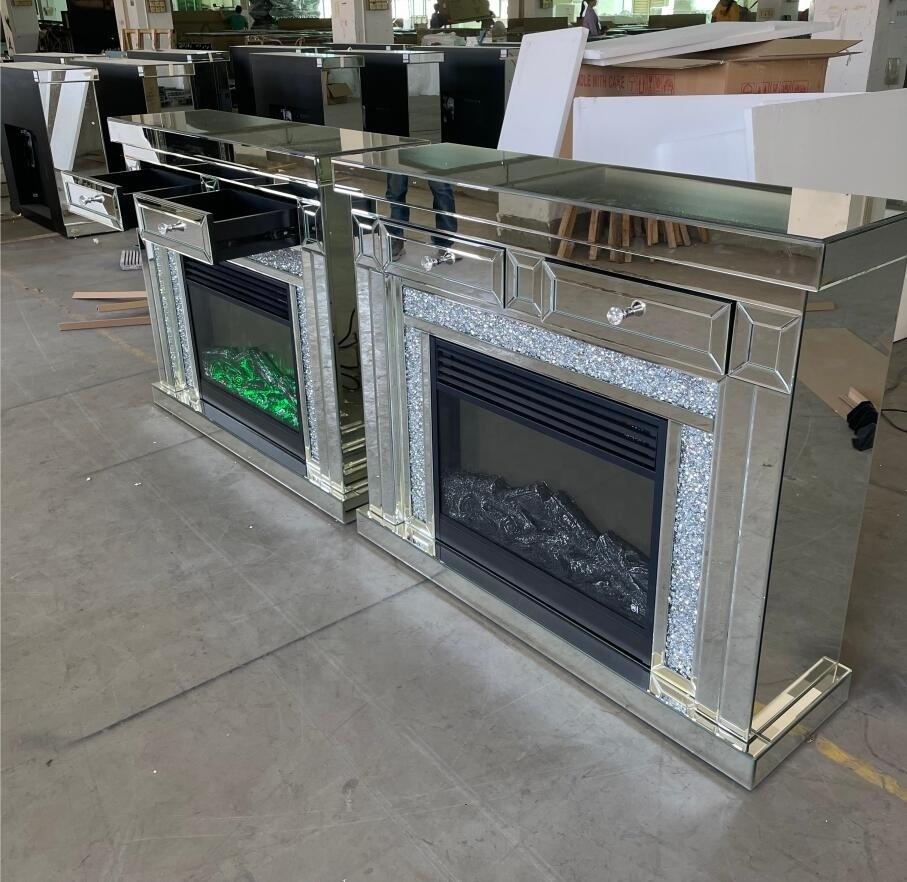 Modern mirror furniture LED mirrored fireplace tv cabinet with crushed diamond LED light