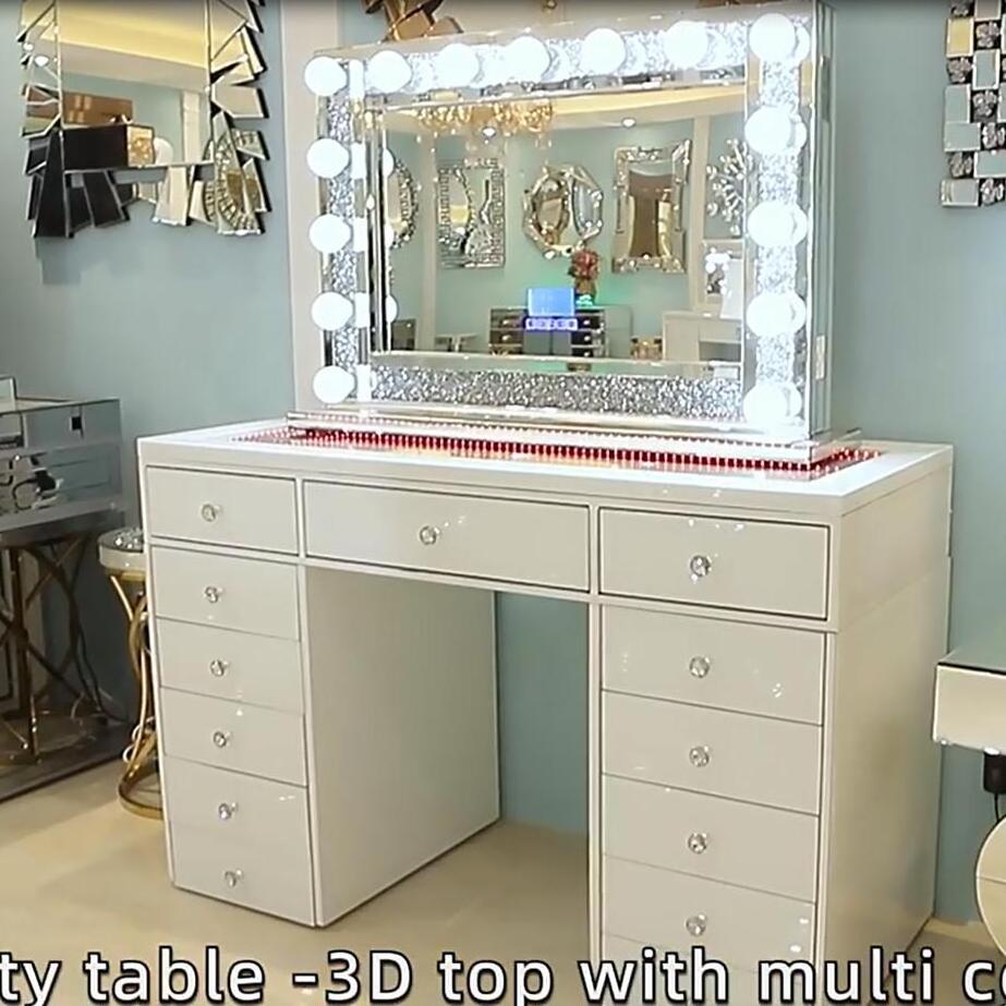 2023 Light Luxury White Thirteen Drawers Mirrored Vanity Table Living Room Mirrored Furniture Dressing Table Dresser Nightstand