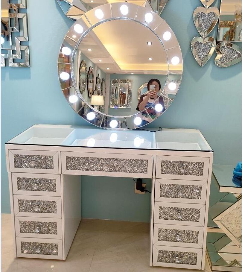 2023 Light Luxury White Thirteen Drawers Mirrored Vanity Table Living Room Mirrored Furniture Dressing Table Dresser Nightstand