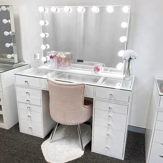 2023 Light Luxury White Thirteen Drawers Mirrored Vanity Table Living Room Mirrored Furniture Dressing Table Dresser Nightstand