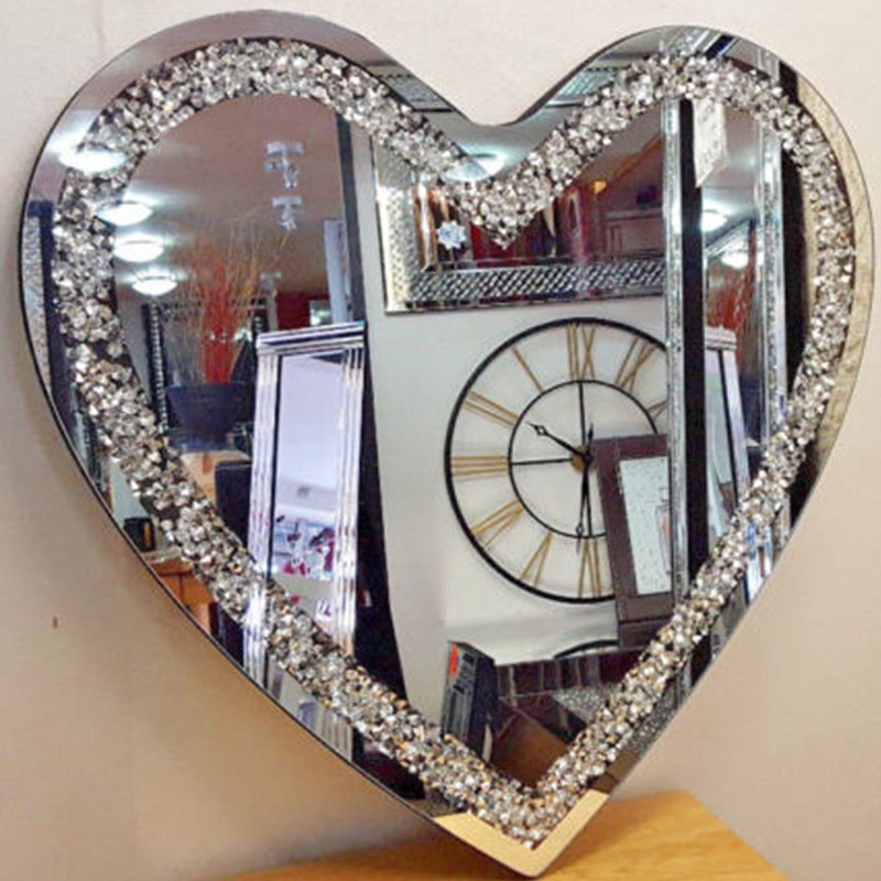 Modern new heart crushed diamond crystal glass silver bevelled wall mirror