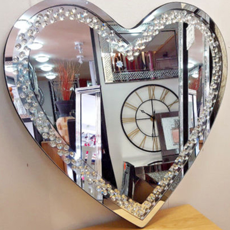 Modern new heart crushed diamond crystal glass silver bevelled wall mirror