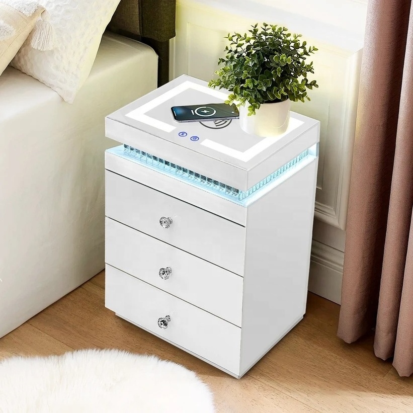 Hot Sale Smart Mirrored Bedside Table Mirrored Nightstand with LED lights Blue tooth Speaker & Wireless Charger Meubles Muebles