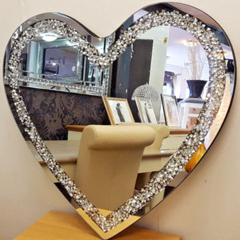 Modern new heart crushed diamond crystal glass silver bevelled wall mirror