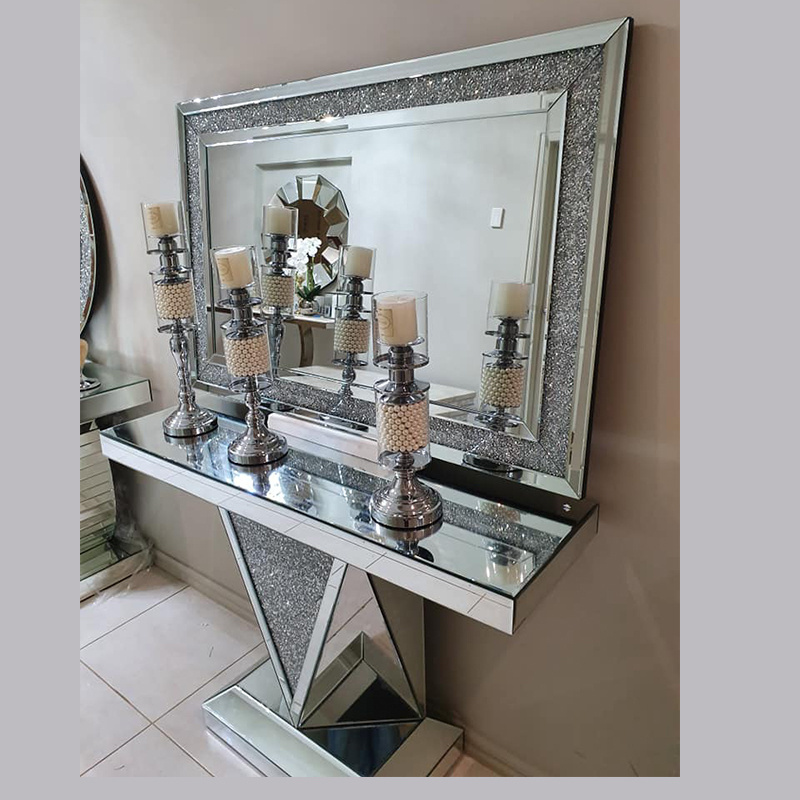 China supplier Silver Mirror Crushed Diamond Rectangle  Espejo Salon Wall Mirror with glass console table set