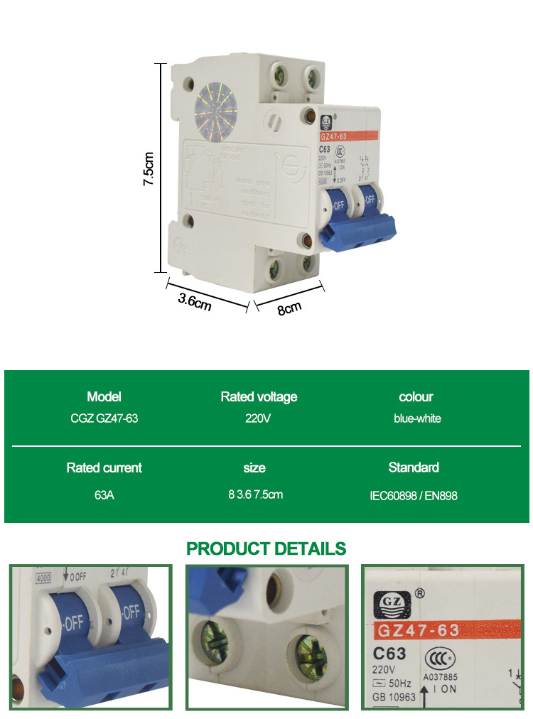 CGZ GZ47-63 series over voltage and under voltage protection main switch 2p automatic switch circuit breaker 16a 32a 63a mcb