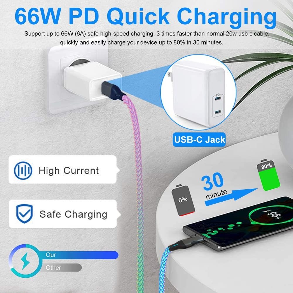 High Quality  New Products Bio 65w Mobile Phone Usb Cable Type-c Rgb Light Fast Charging Transparent Type C To Type C Usb Cable