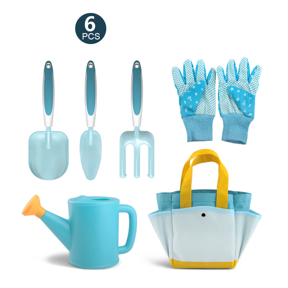 Customized 6pcs Kids Gardening Tools Kit Set With Garden Tote Hand Bag Watering Can Shovel Rake Fork all in one set