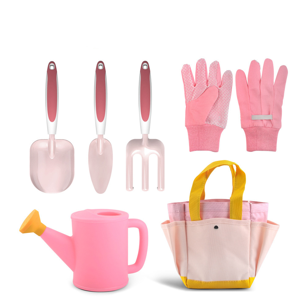 Customized 6pcs Kids Gardening Tools Kit Set With Garden Tote Hand Bag Watering Can Shovel Rake Fork all in one set