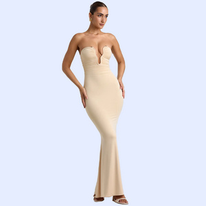 Slinky Jersey Hardware Detail Strapless Evening Prom Gown Maxi Dress in Butter Color For Women